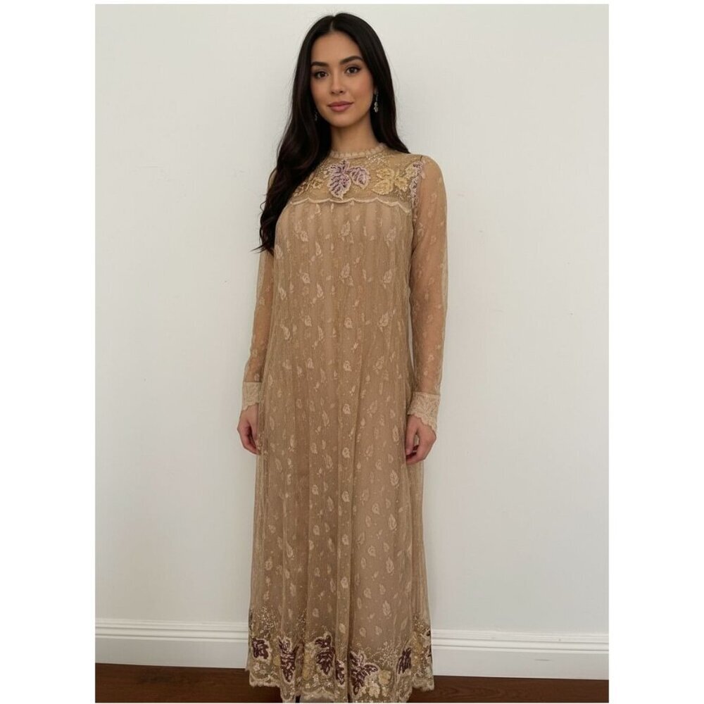 Vintage Rina Di Montella Sheer Lace Dress With Embroidered Floral Sequins Size 6